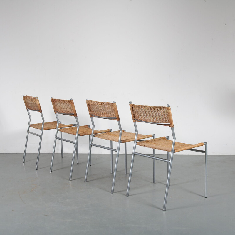 Set of 4 vintage Dutch wicker dining chairs by Martin Visser for Spectrum, Netherlands, 1960s
