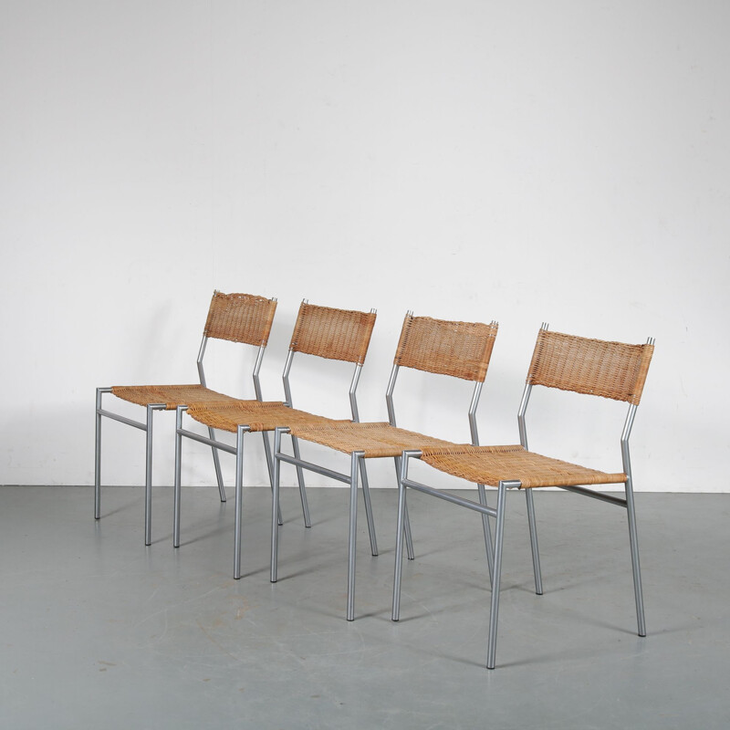 Set of 4 vintage Dutch wicker dining chairs by Martin Visser for Spectrum, Netherlands, 1960s