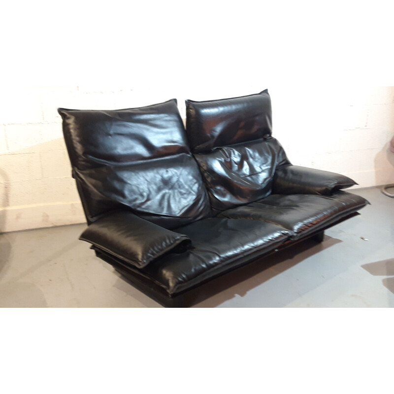 Vintage Italian black leather sofa with removable backrests, 1970