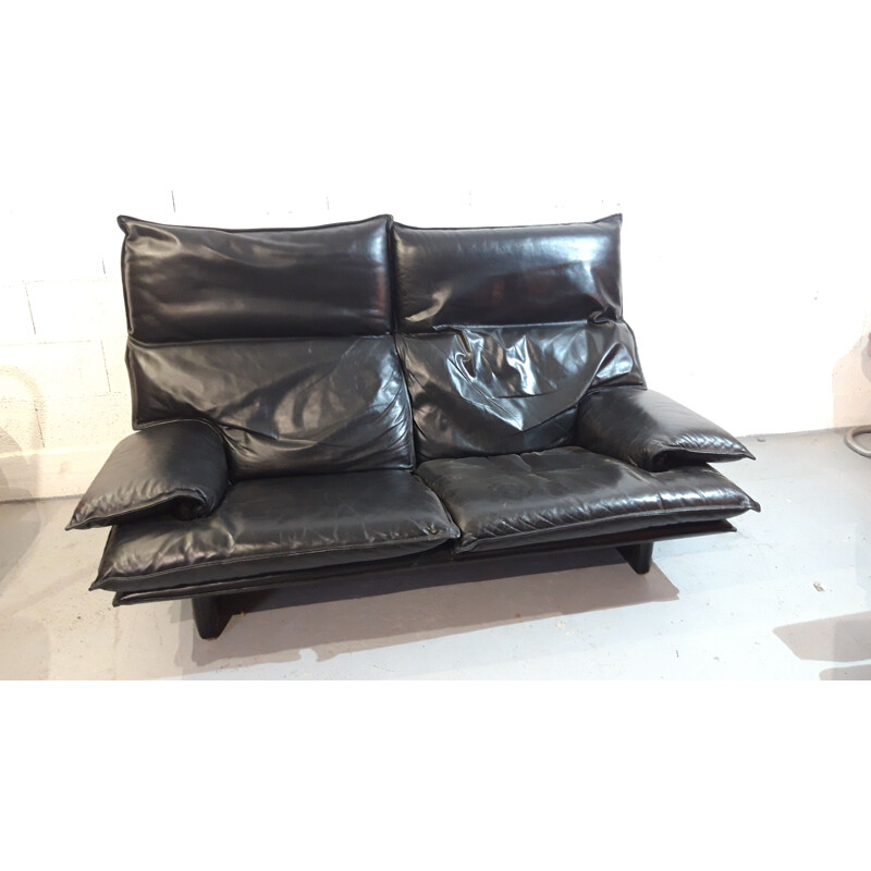Vintage Italian black leather sofa with removable backrests, 1970