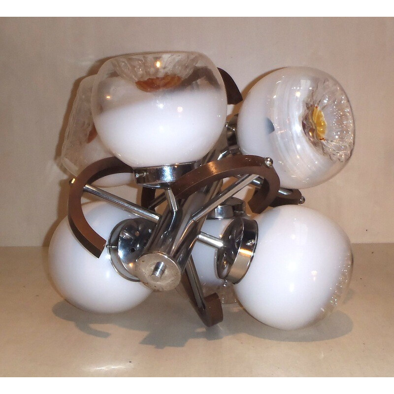 Lámpara vintage de cristal soplado y metal cromado, Italia 1970