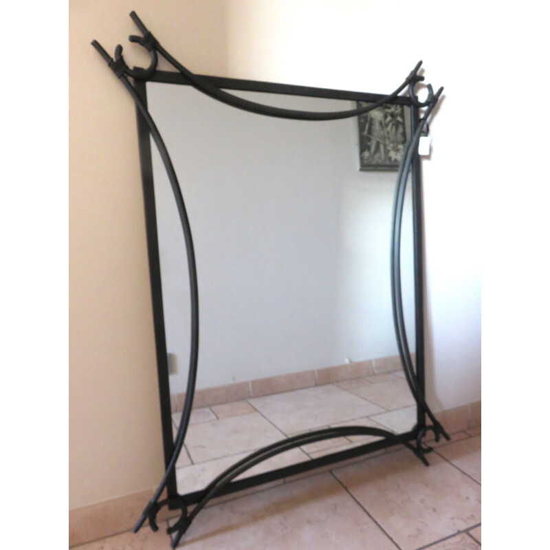 Vintage modernist black wrought iron mirror, France, 1950s