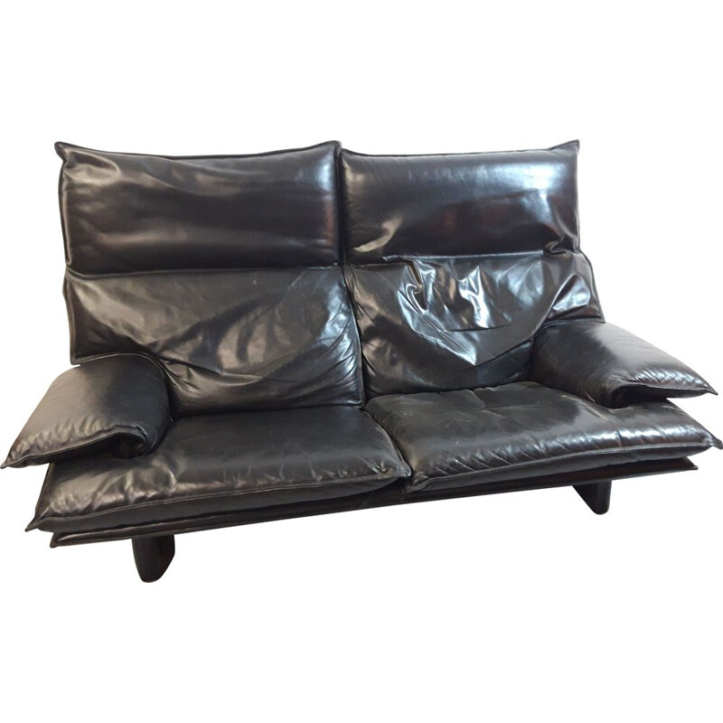 Vintage Italian black leather sofa with removable backrests, 1970