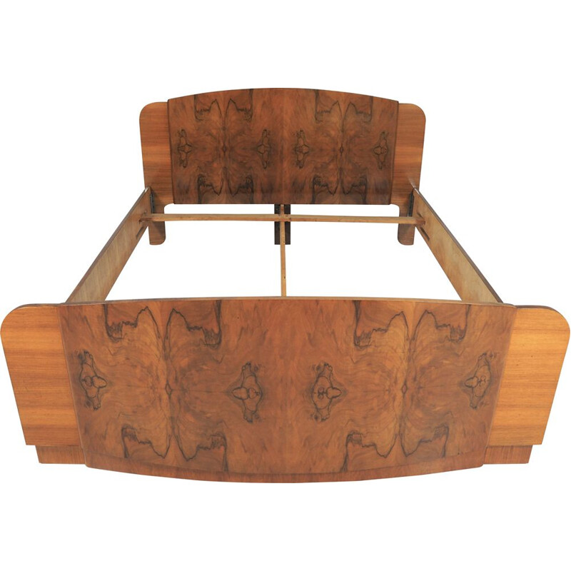 Vintage walnut Art Deco bed by Jindřich Halabala for UP Závody, 1950s