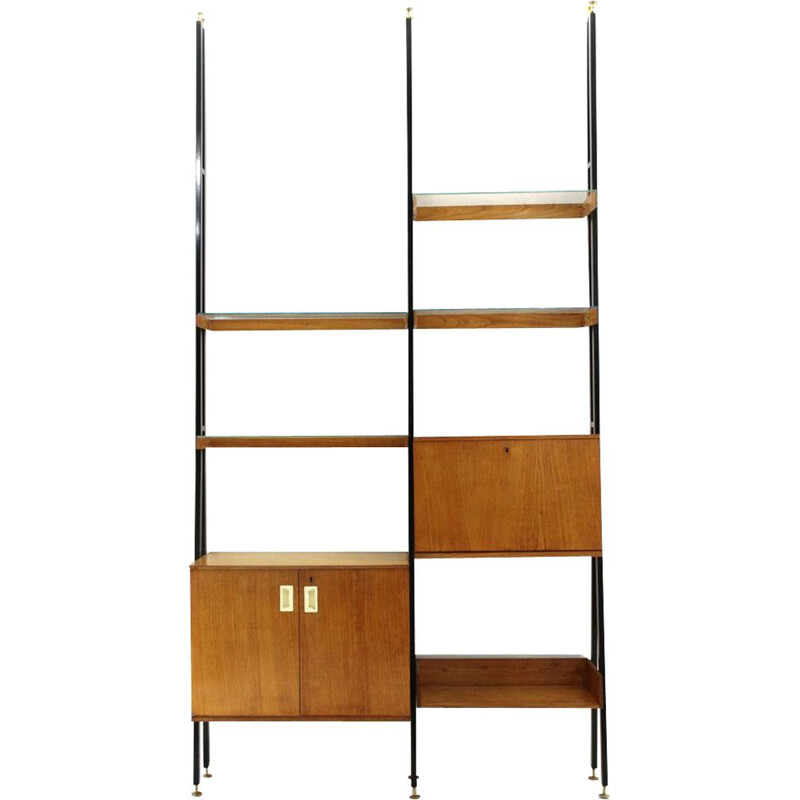 Vintage metal, wood and glass wall unit, 1950s