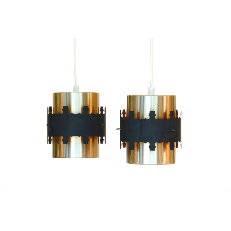 Pair of brass colored pendant lights by Werner Schou for Coronell Electro. Denmark 1960s
