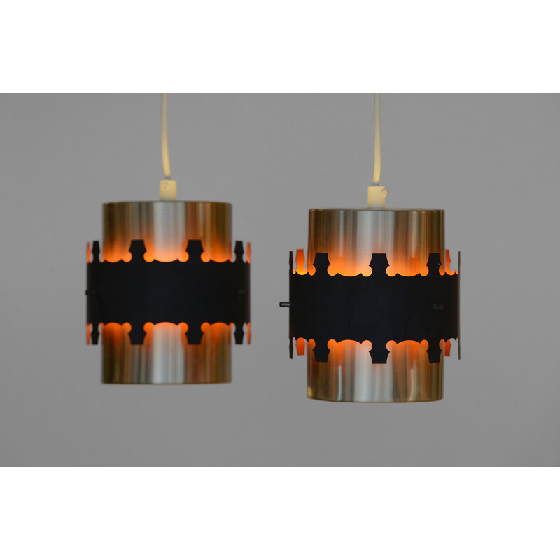 Pair of brass colored pendant lights by Werner Schou for Coronell Electro. Denmark 1960s