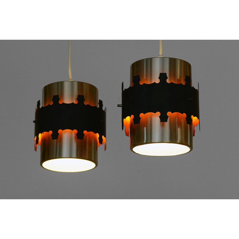 Pair of brass colored pendant lights by Werner Schou for Coronell Electro. Denmark 1960s