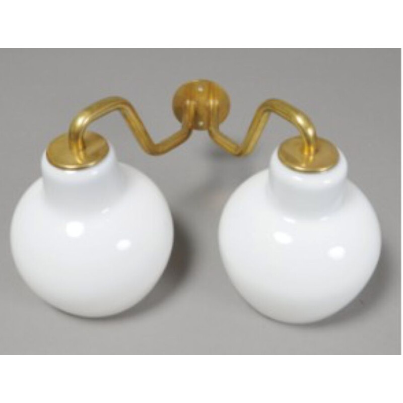 Pair of vintage opal glass and brass wall lamps by Vilhelm Lauritzen for Louis Poulsen, 1950