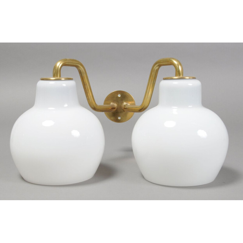 Pair of vintage opal glass and brass wall lamps by Vilhelm Lauritzen for Louis Poulsen, 1950