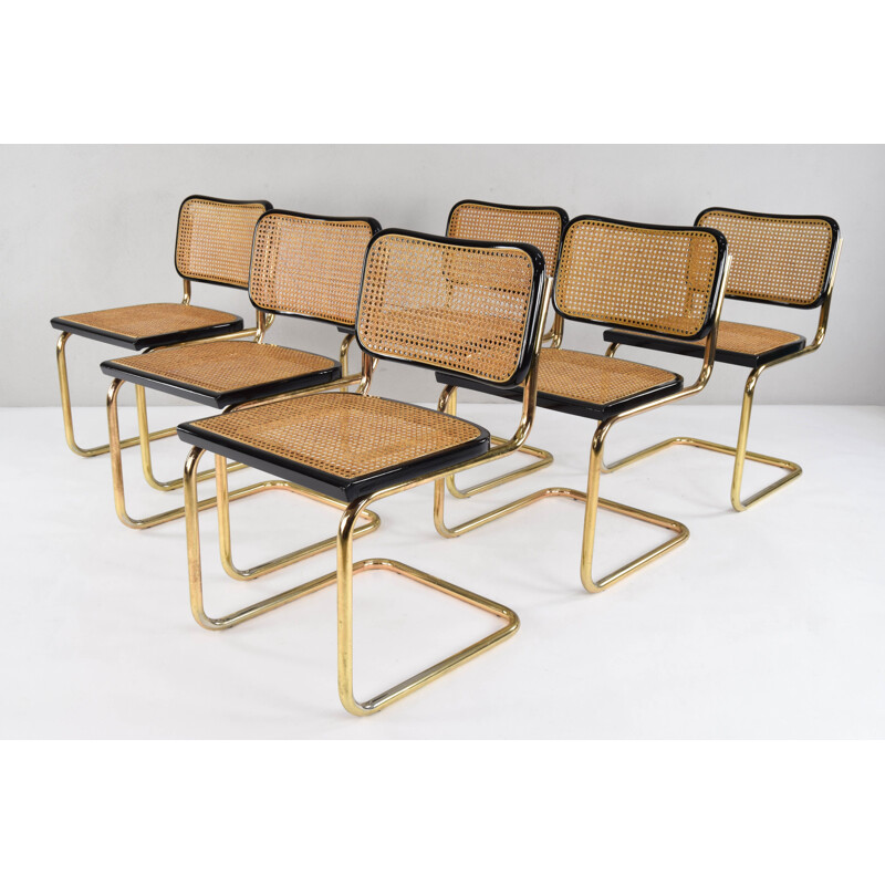 Ensemble de 6 chaises Cesca en acier doré moderne de Marcel Breuer, Italie 1970