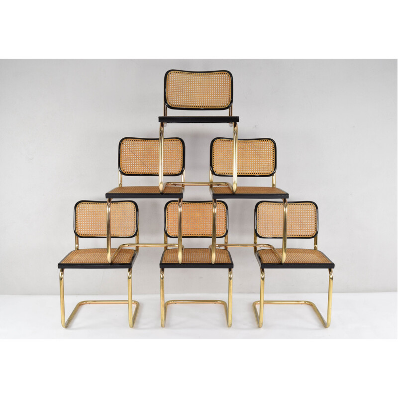Ensemble de 6 chaises Cesca en acier doré moderne de Marcel Breuer, Italie 1970
