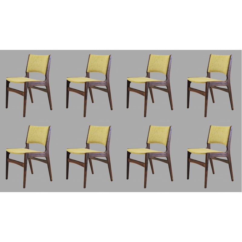 Ensemble de huit chaises de salle à manger Erik Buch en teck massif, Inc. Retapissé