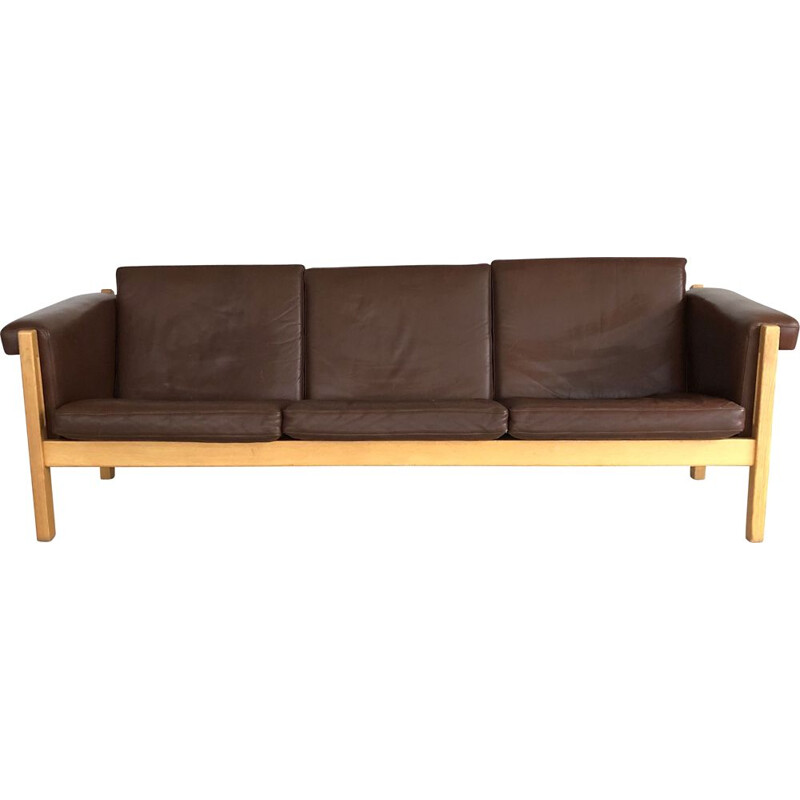 Vintage Danish 3-Seat Sofa in Oak and Brown Leather by  Hans J. Wegner for GETAMA 1960s