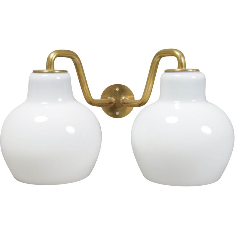 Pair of vintage opal glass and brass wall lamps by Vilhelm Lauritzen for Louis Poulsen, 1950