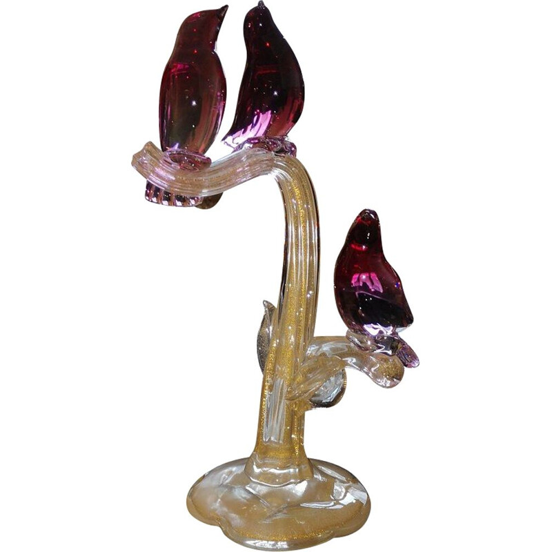 Vintage Italian sculpture of Murano "tree birds" with gold inclusion by Alfredo Barbini 1950