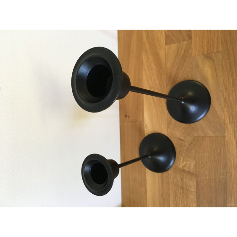 Pair of vintage black lacquered brass candleholders