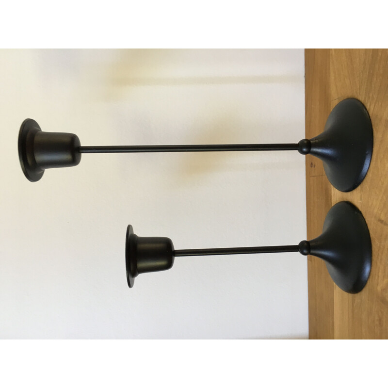 Pair of vintage black lacquered brass candleholders