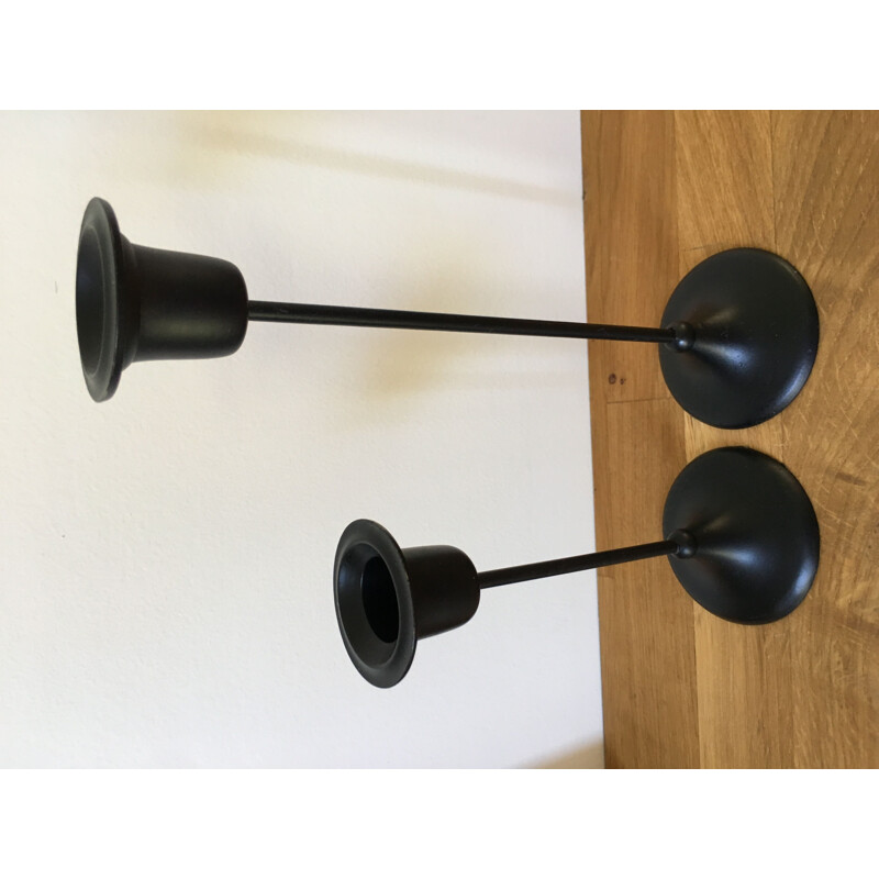 Pair of vintage black lacquered brass candleholders