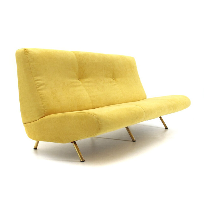 Vintage modern 3-seater yellow velvet sofa by Marco Zanuso for Arflex , 1950