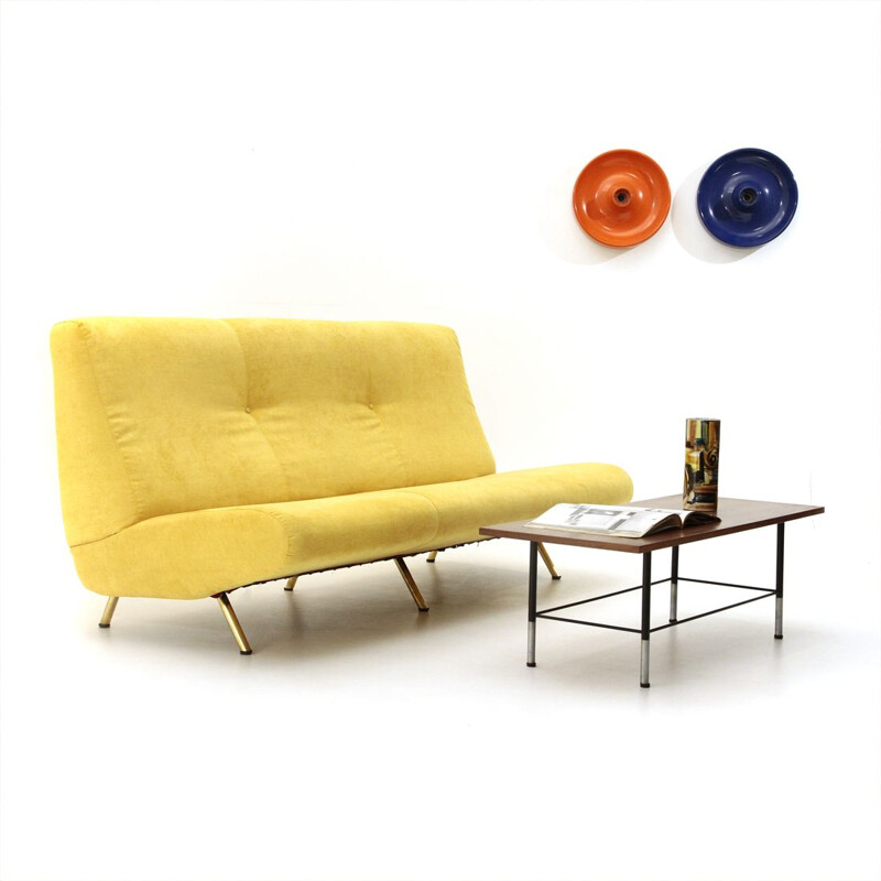 Vintage modern 3-seater yellow velvet sofa by Marco Zanuso for Arflex , 1950