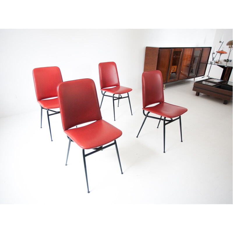 Set of 4 Italian dinning chairs in red skai and metal - 1950s