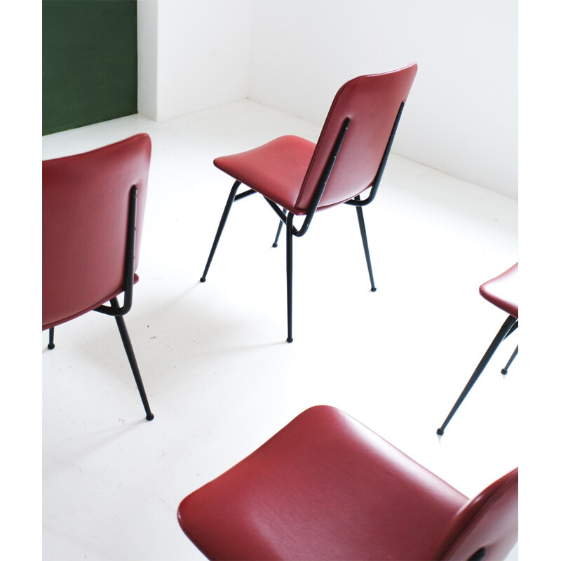 Set of 4 Italian dinning chairs in red skai and metal - 1950s