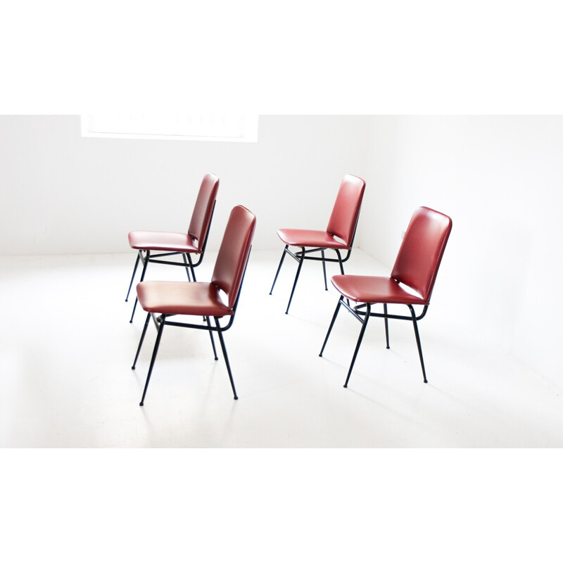 Set of 4 Italian dinning chairs in red skai and metal - 1950s