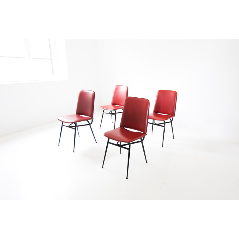 Set of 4 Italian dinning chairs in red skai and metal - 1950s