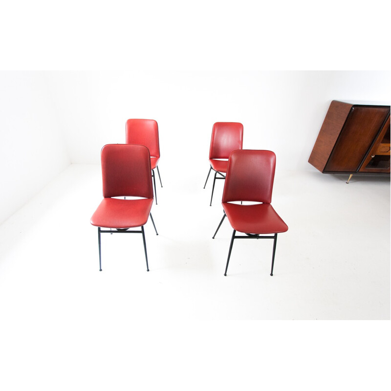 Set of 4 Italian dinning chairs in red skai and metal - 1950s