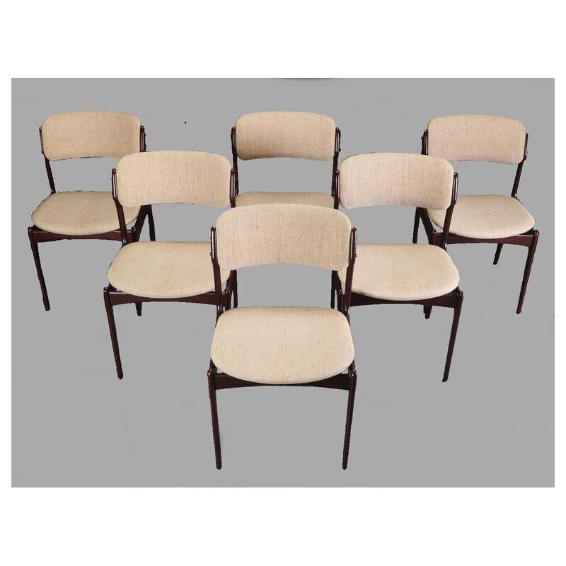 Set of six vintage tan oak dining chairs by Erik Buch Inc. reupholstered