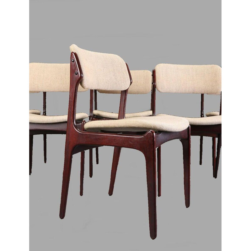 Set of six vintage tan oak dining chairs by Erik Buch Inc. reupholstered