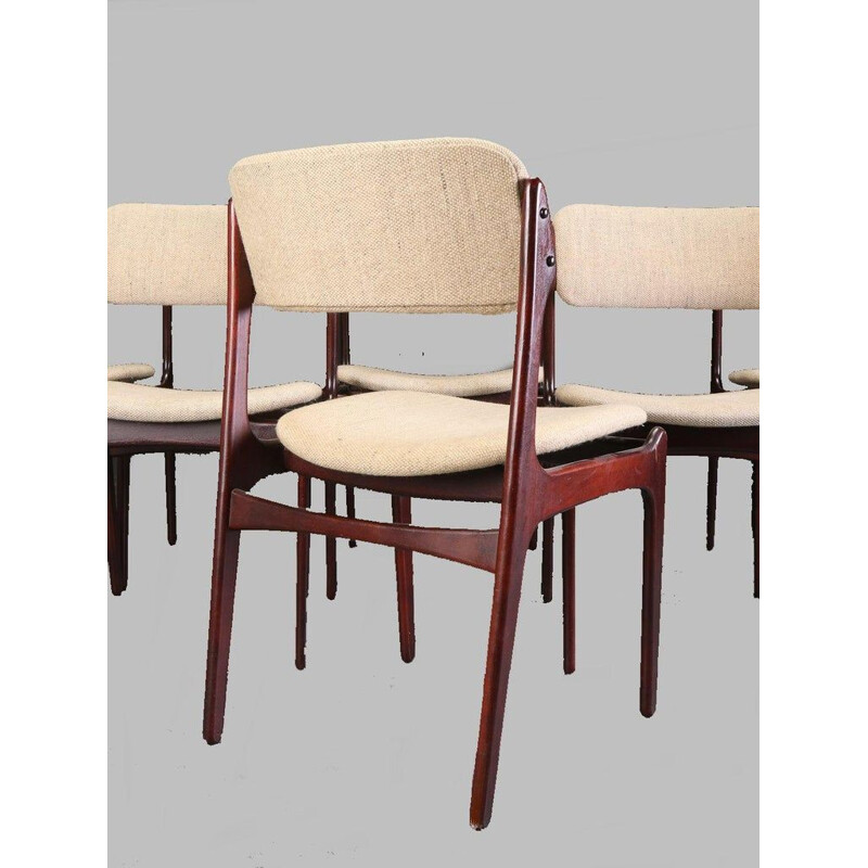 Set of six vintage tan oak dining chairs by Erik Buch Inc. reupholstered