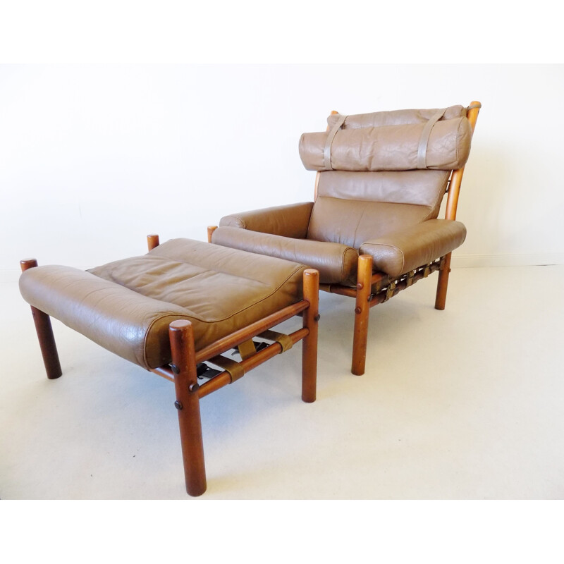 Vintage Inca armchair with ottoman in caramel leather by Arne Norell for Norell AB