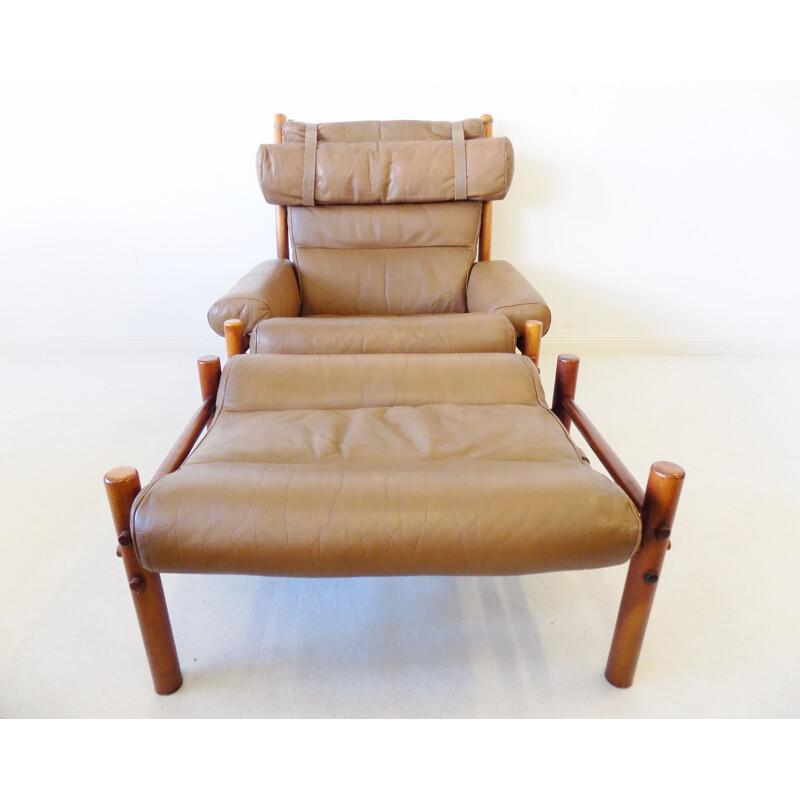 Vintage Inca armchair with ottoman in caramel leather by Arne Norell for Norell AB