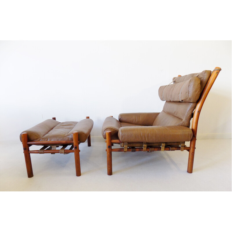 Vintage Inca armchair with ottoman in caramel leather by Arne Norell for Norell AB