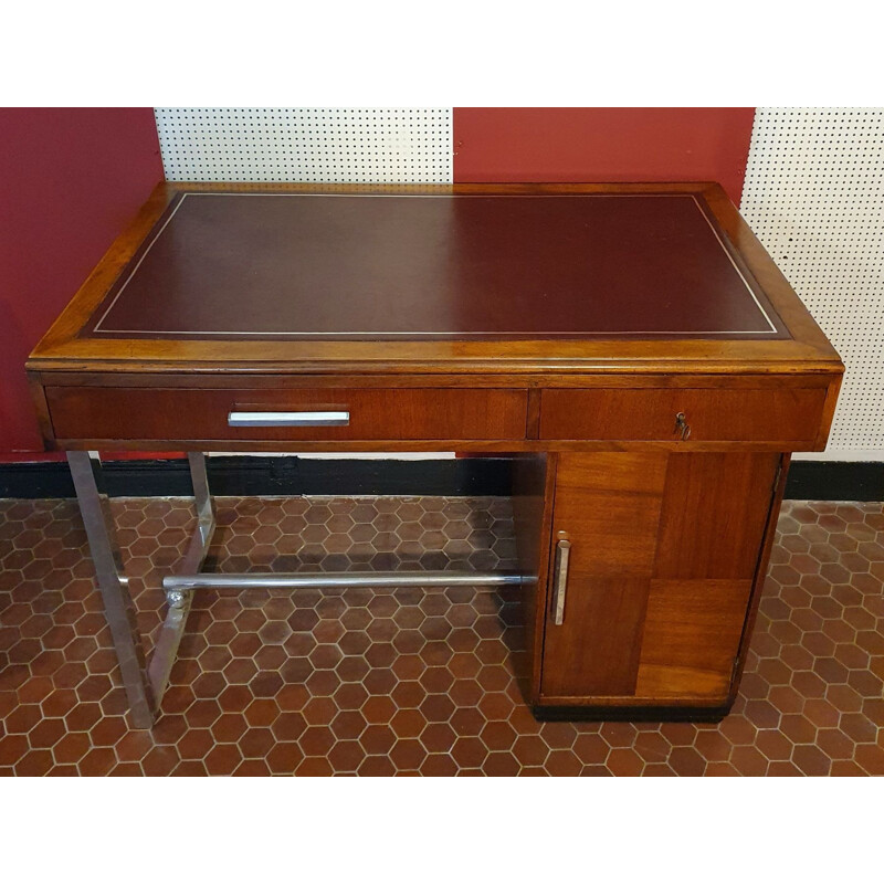 Bureau Art Déco vintage en Noyer & Cuir et Piètement Métallique 1930