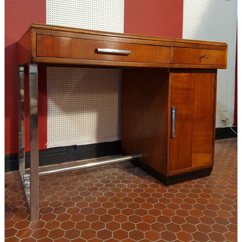 Vintage Art Deco desk in Walnut & Leather with Metal Legs, 1930s