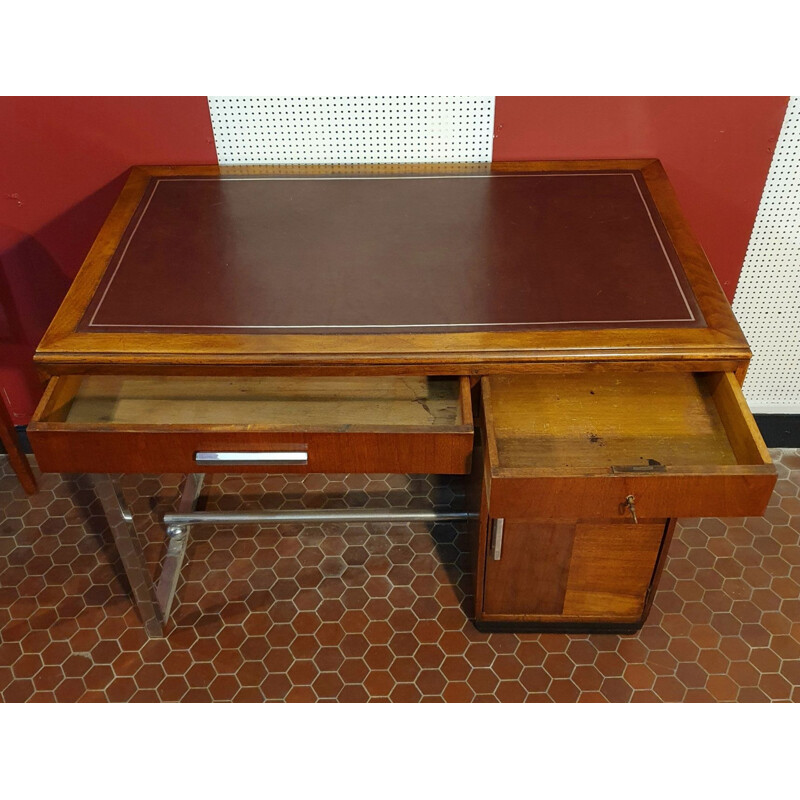 Vintage Art Deco desk in Walnut & Leather with Metal Legs, 1930s