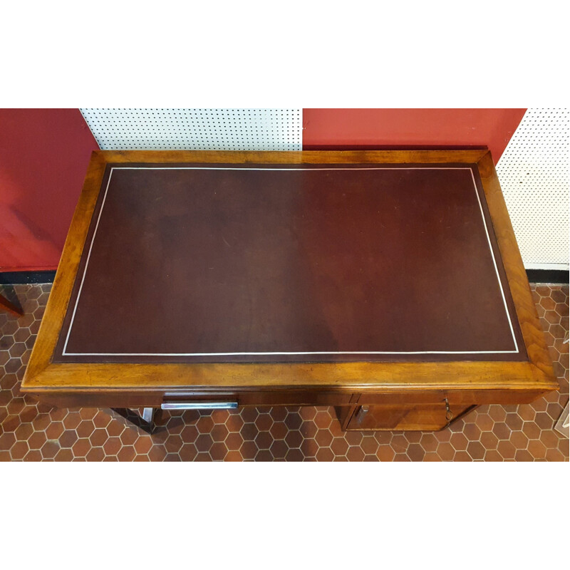 Bureau Art Déco vintage en Noyer & Cuir et Piètement Métallique 1930