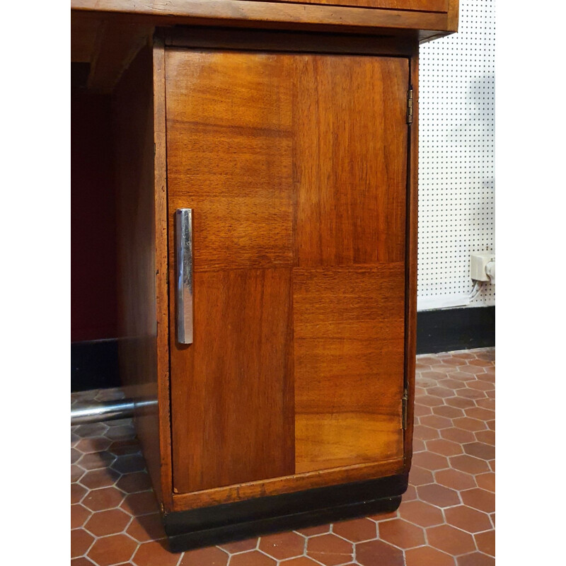 Vintage Art Deco desk in Walnut & Leather with Metal Legs, 1930s