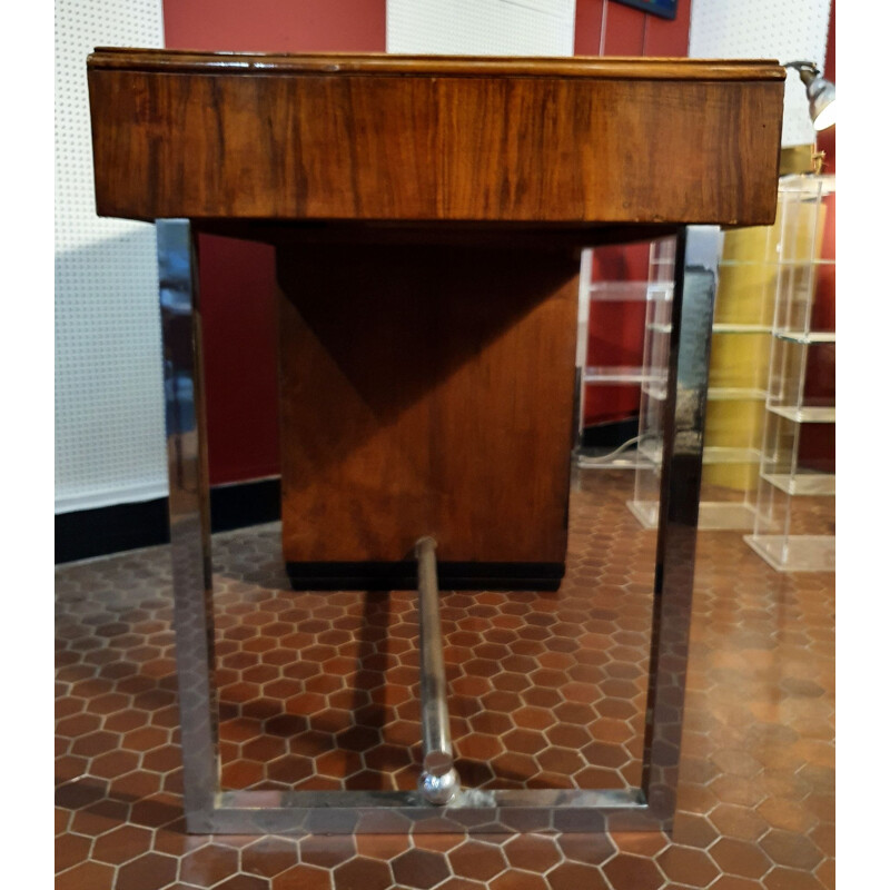 Vintage Art Deco desk in Walnut & Leather with Metal Legs, 1930s