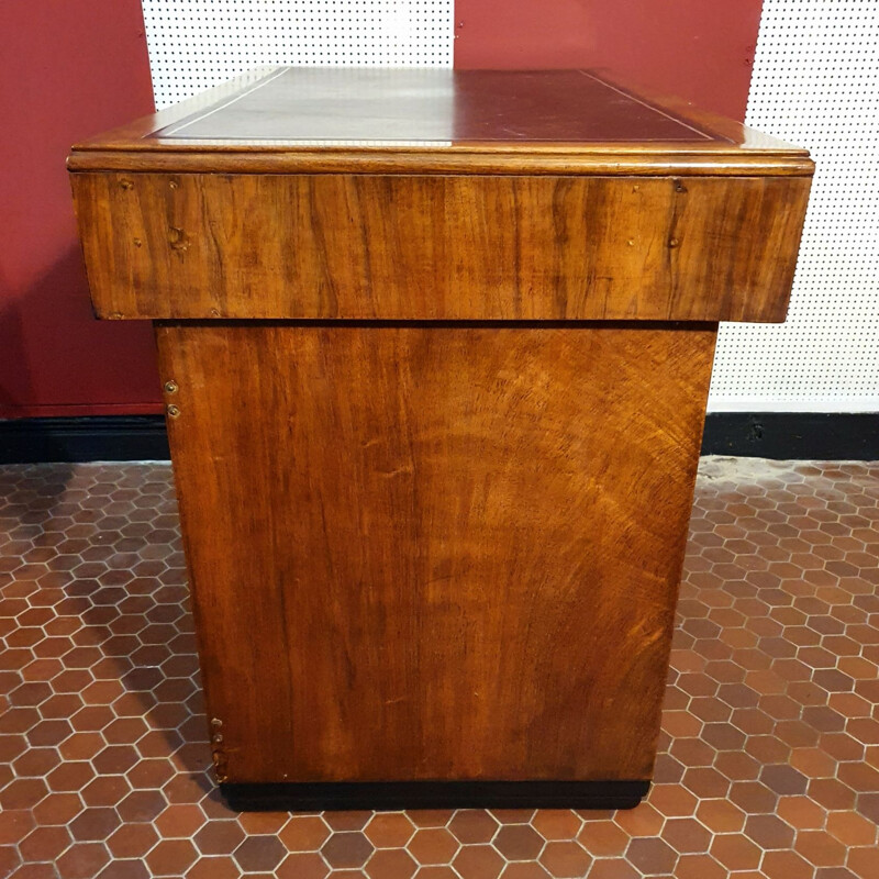 Vintage Art Deco desk in Walnut & Leather with Metal Legs, 1930s