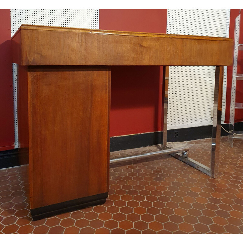 Vintage Art Deco desk in Walnut & Leather with Metal Legs, 1930s