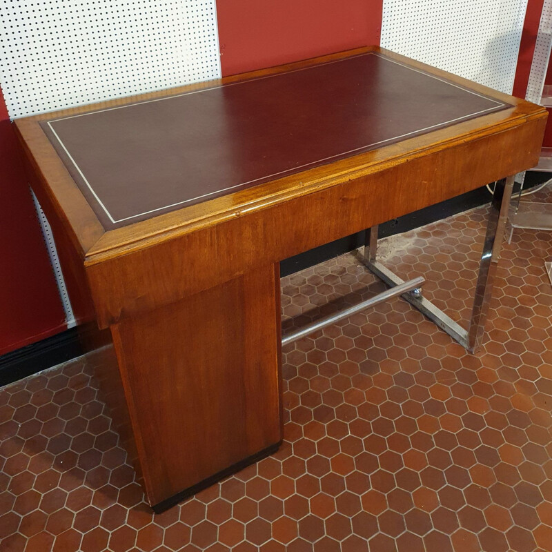 Vintage Art Deco desk in Walnut & Leather with Metal Legs, 1930s