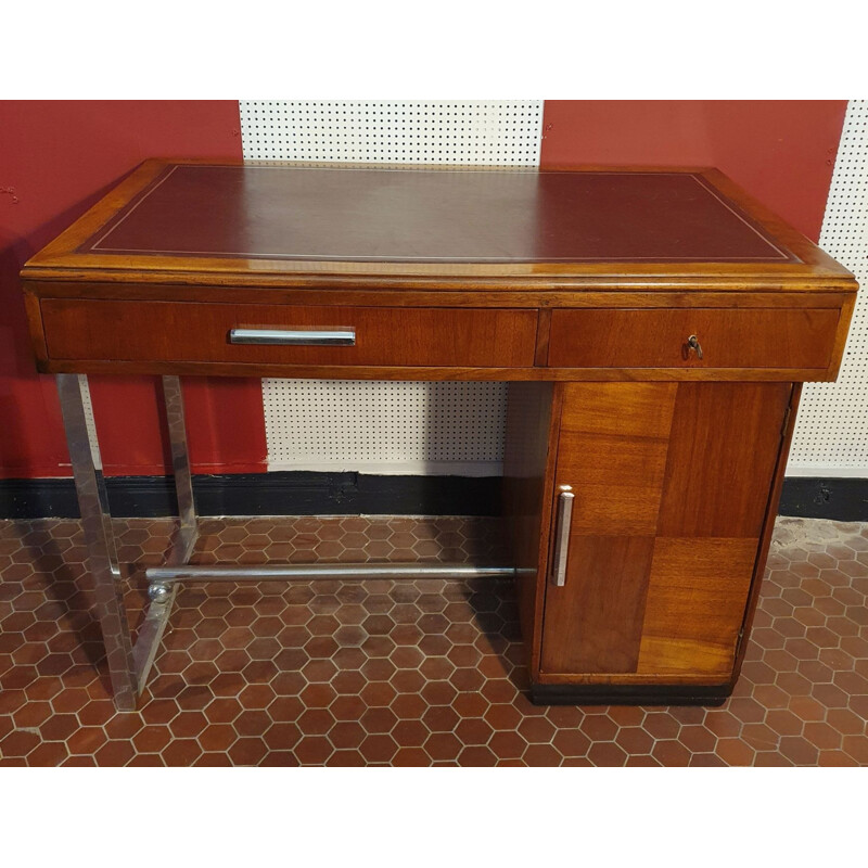 Bureau Art Déco vintage en Noyer & Cuir et Piètement Métallique 1930