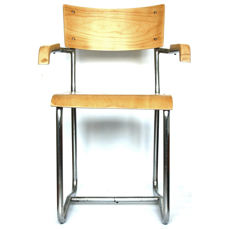Chaise à bras en bois plaqué et chrome tubulaire - 1960