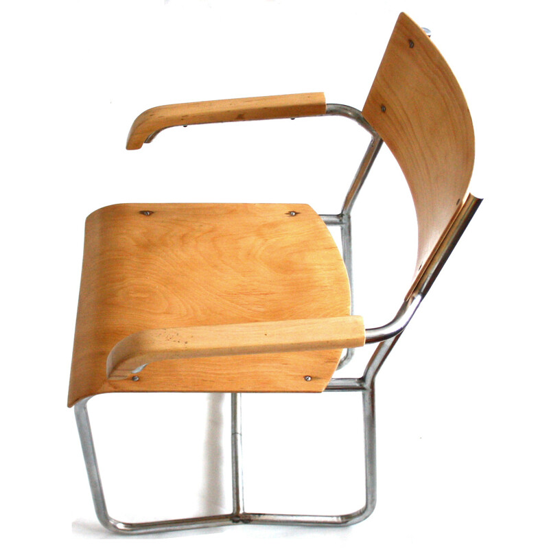 Armchair in tubular chomed steel and plywood - 1960s