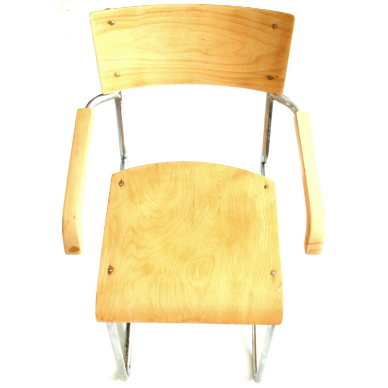 Chaise à bras en bois plaqué et chrome tubulaire - 1960
