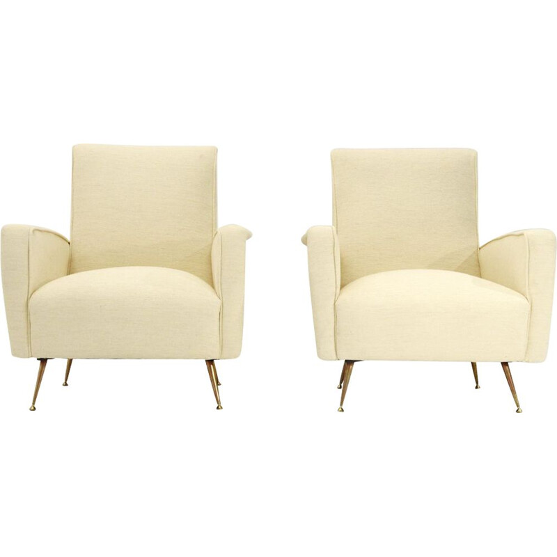 Pair of vintage italian cream-colored armchairs, 1950s